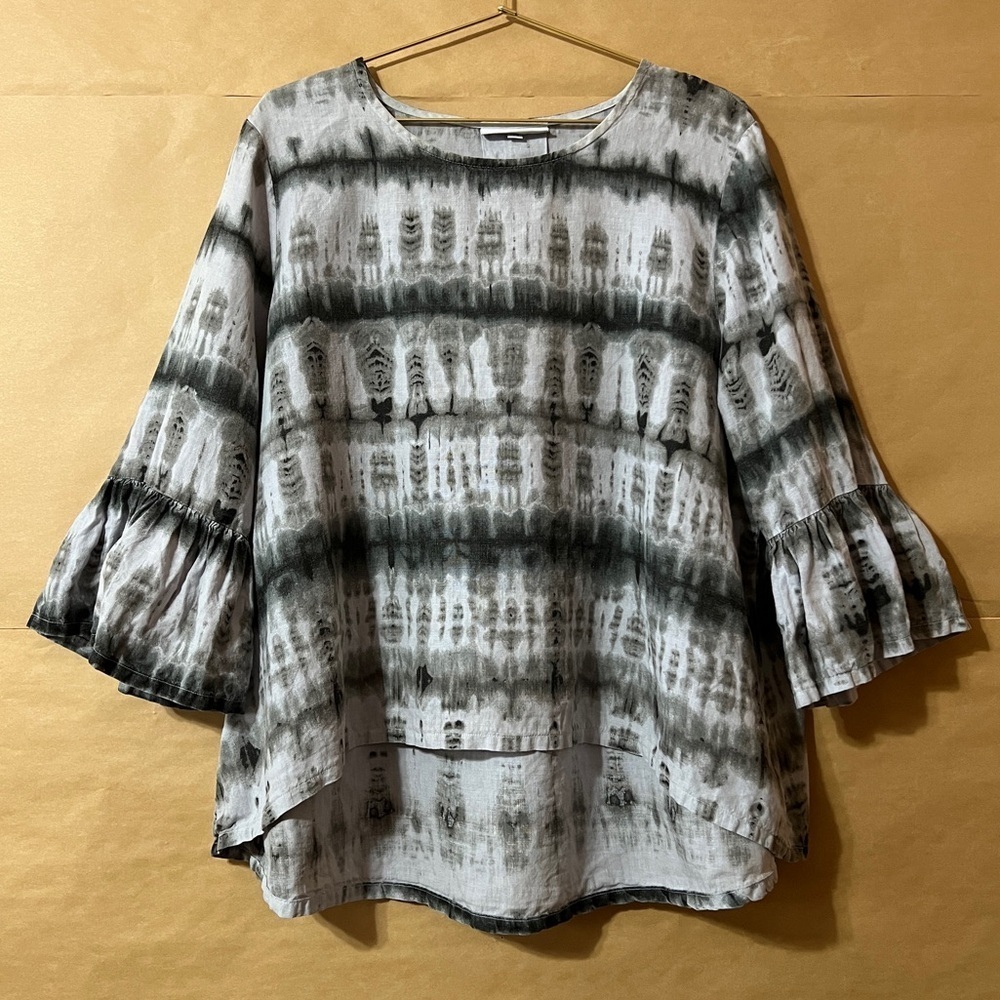 Bryn Walker Linen Fran Shirt Ruffle Bell Sleeve Popover Top Shibori Tie Dye Sz M
